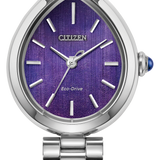 Silver watch with a purple face on a white background