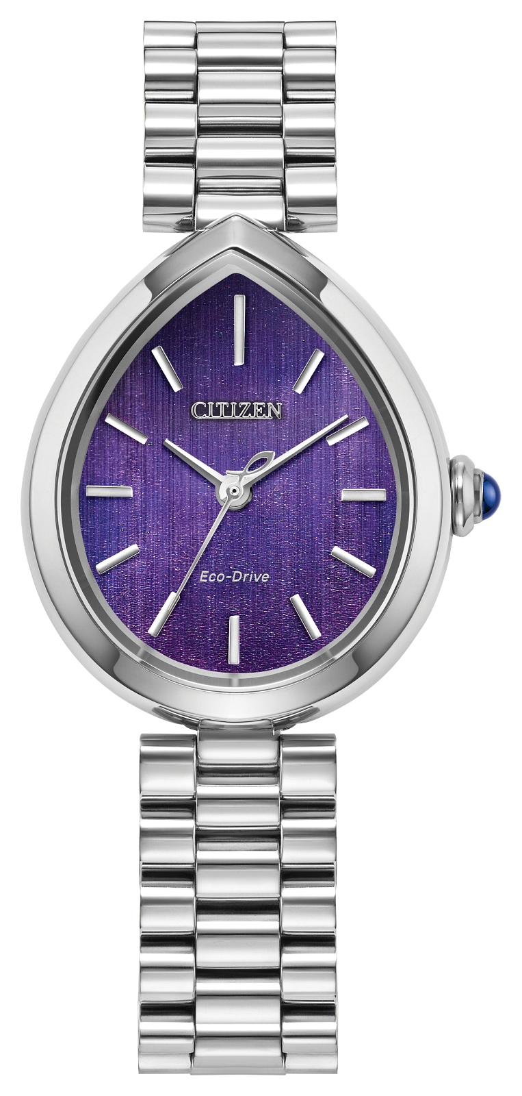 Silver watch with a purple face on a white background