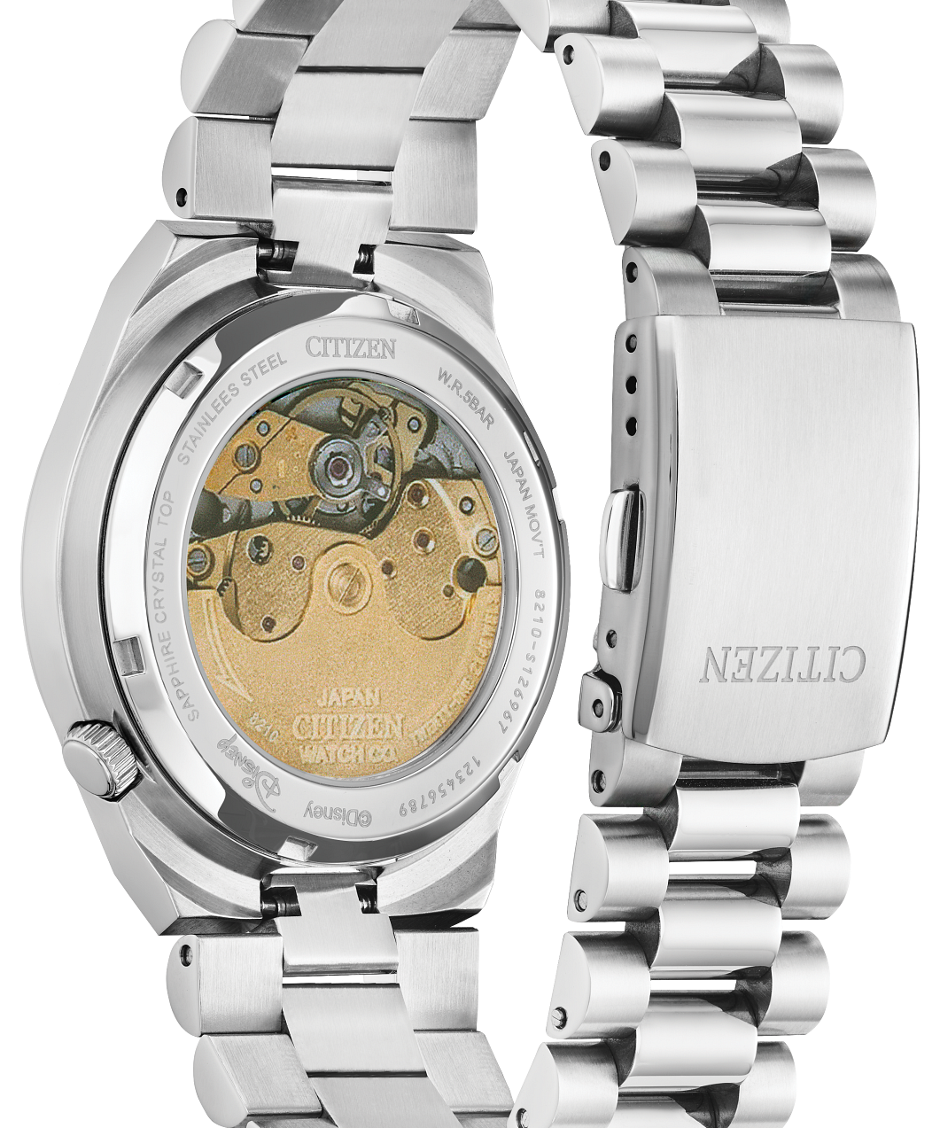 Citizen stainless steel automatic watch with a transparent back case showing the gold-toned mechanical movement, alongside the clasp side of the metal bracelet.