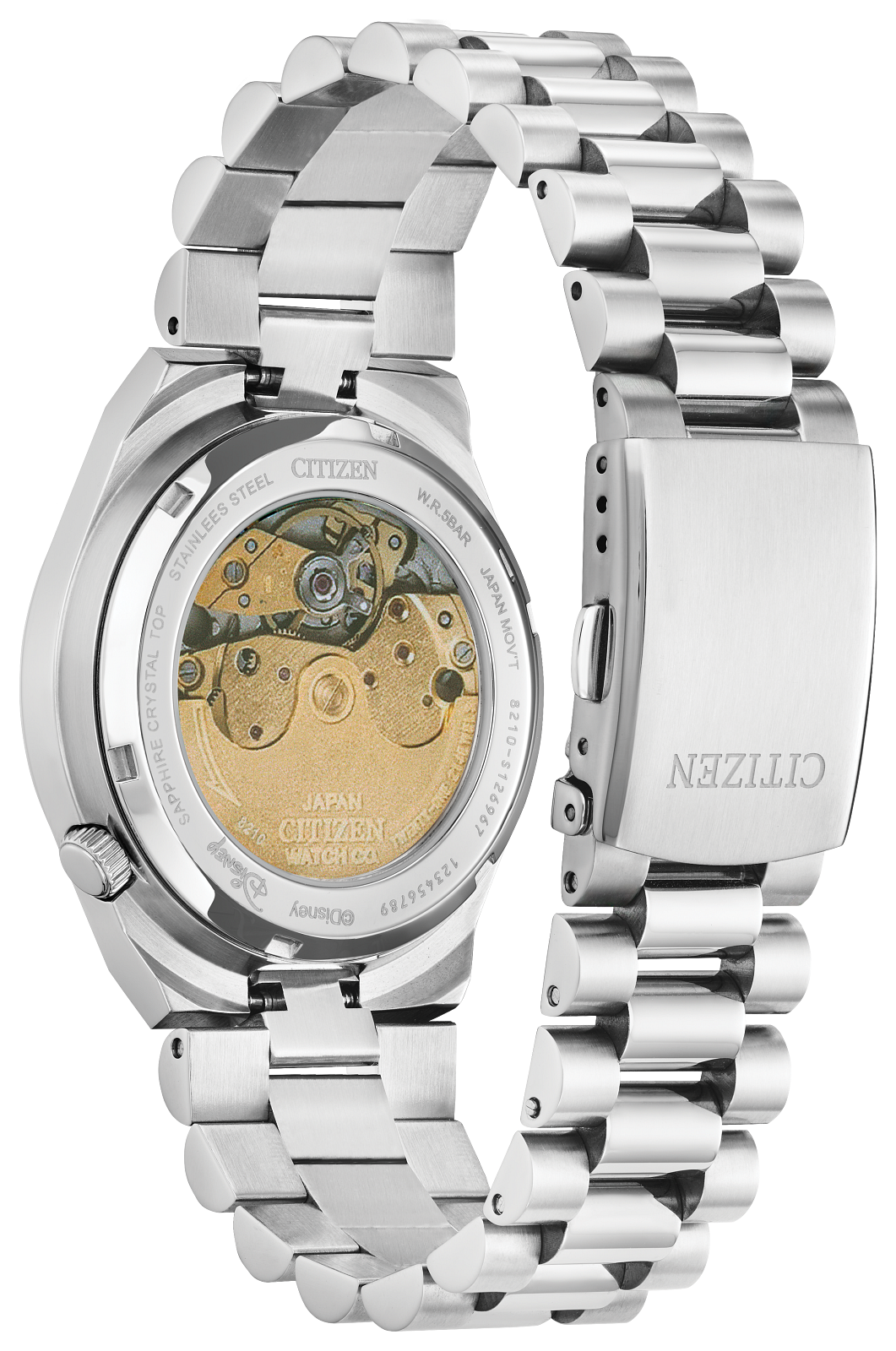 Citizen stainless steel automatic watch with a transparent back case showing the gold-toned mechanical movement, alongside the clasp side of the metal bracelet.