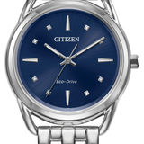 Citizen Eco-Drive watch with a silver stainless steel case and link bracelet, featuring a deep blue sunburst dial with silver-tone hands and hour markers.