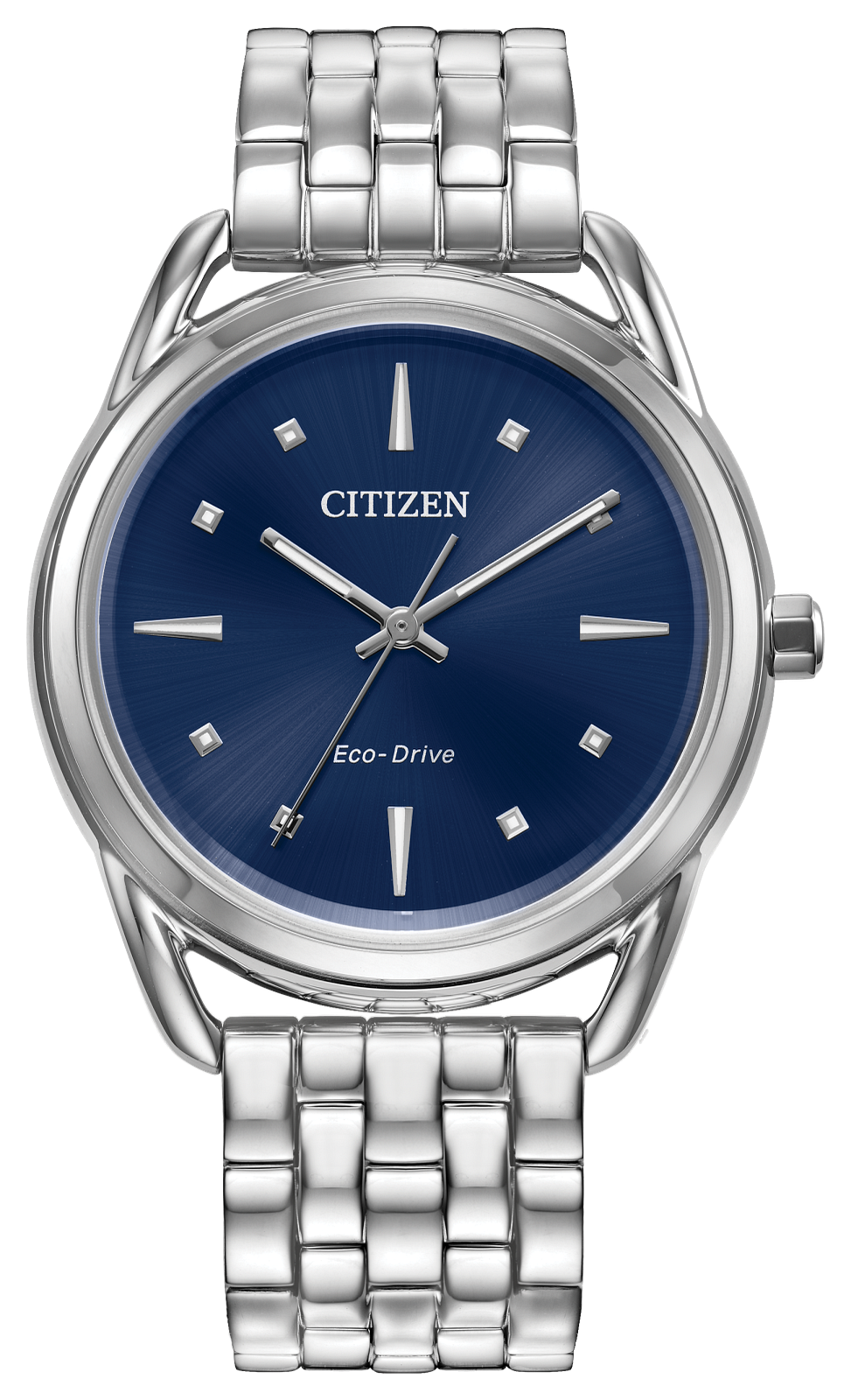 Citizen Eco-Drive watch with a silver stainless steel case and link bracelet, featuring a deep blue sunburst dial with silver-tone hands and hour markers.