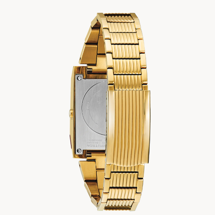 Bulova Computron Archive Series 97C110 digital watch with LED display and sleek black strap.