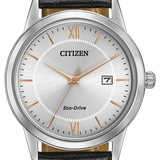 Citizen Eco-Drive watch with a silver stainless steel case, a white dial with rose gold accents, and a black leather strap.