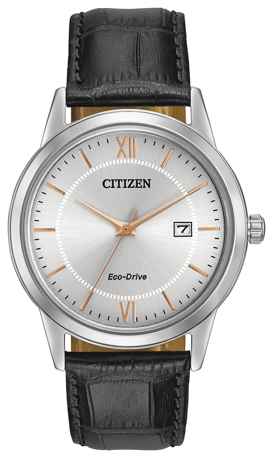Citizen Eco-Drive watch with a silver stainless steel case, a white dial with rose gold accents, and a black leather strap.