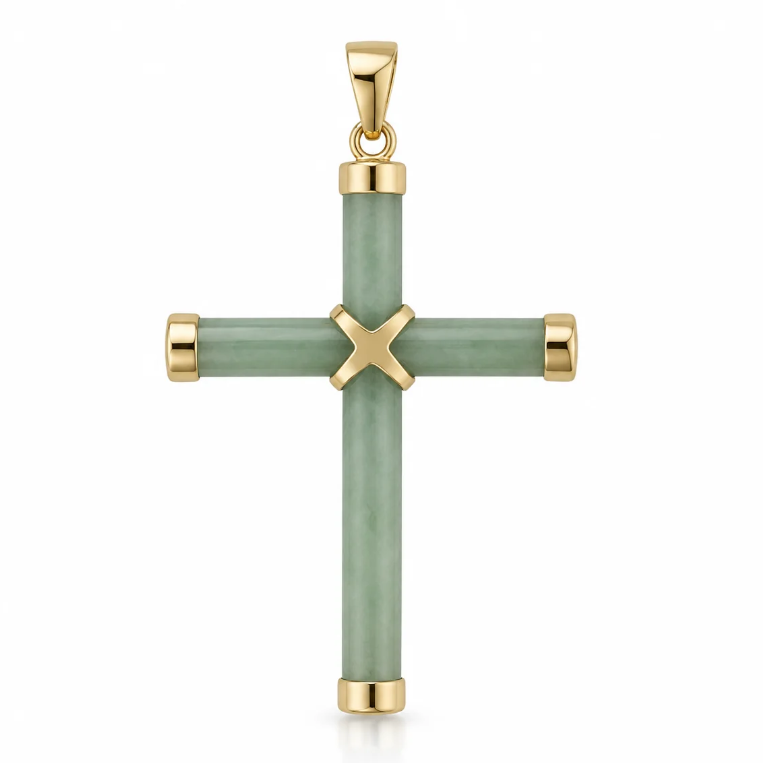 A gold cross pendant featuring a light green stone inlay on the vertical and horizontal bars, with a gold 'X' at the center and polished gold-toned caps at the ends and top bail, shown on a white background.