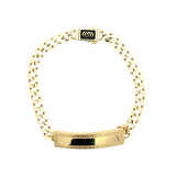 10K gold Cuban link ID bracelet with Greek-inspired design, featuring a sleek, polished finish and secure clasp.