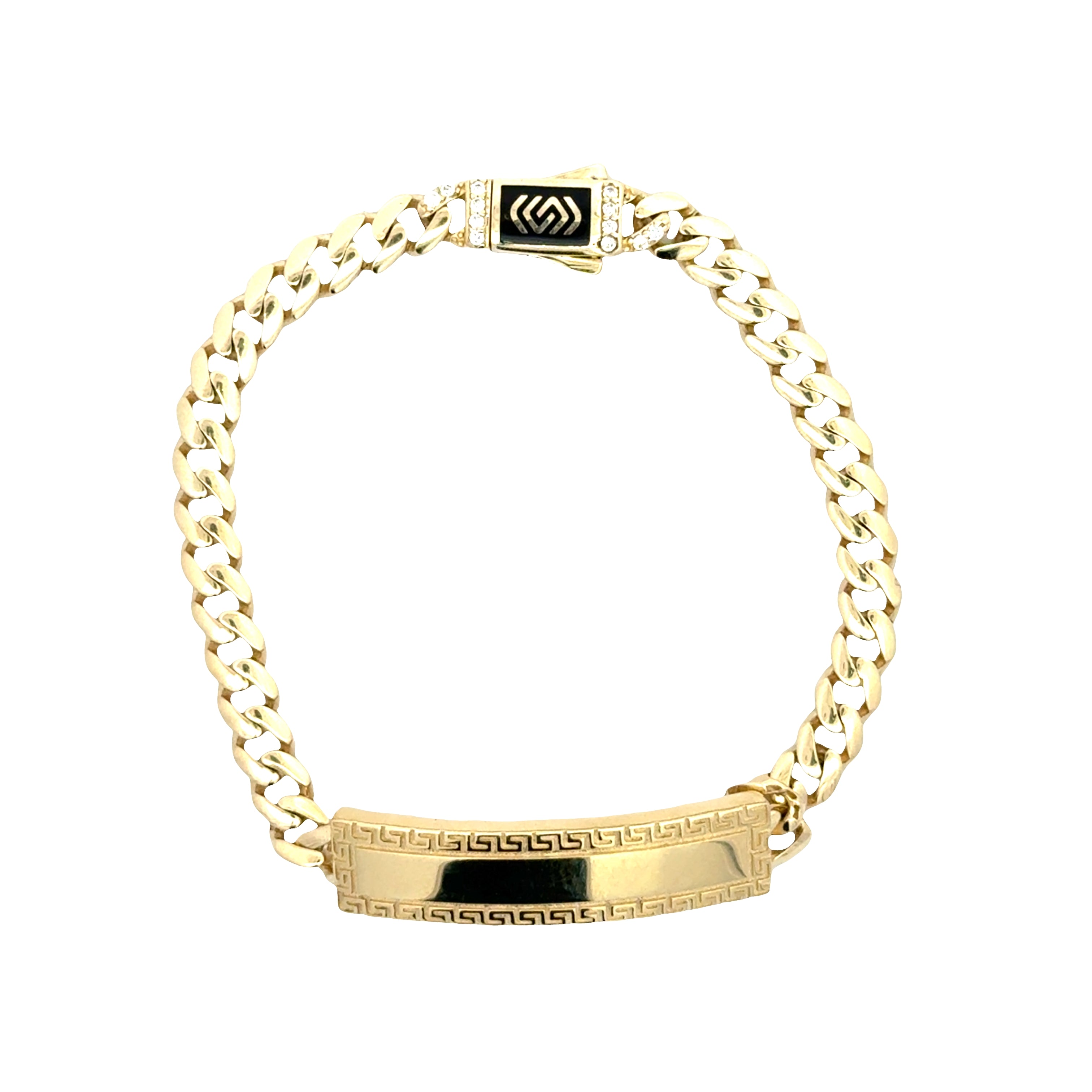 10K gold Cuban link ID bracelet with Greek-inspired design, featuring a sleek, polished finish and secure clasp.