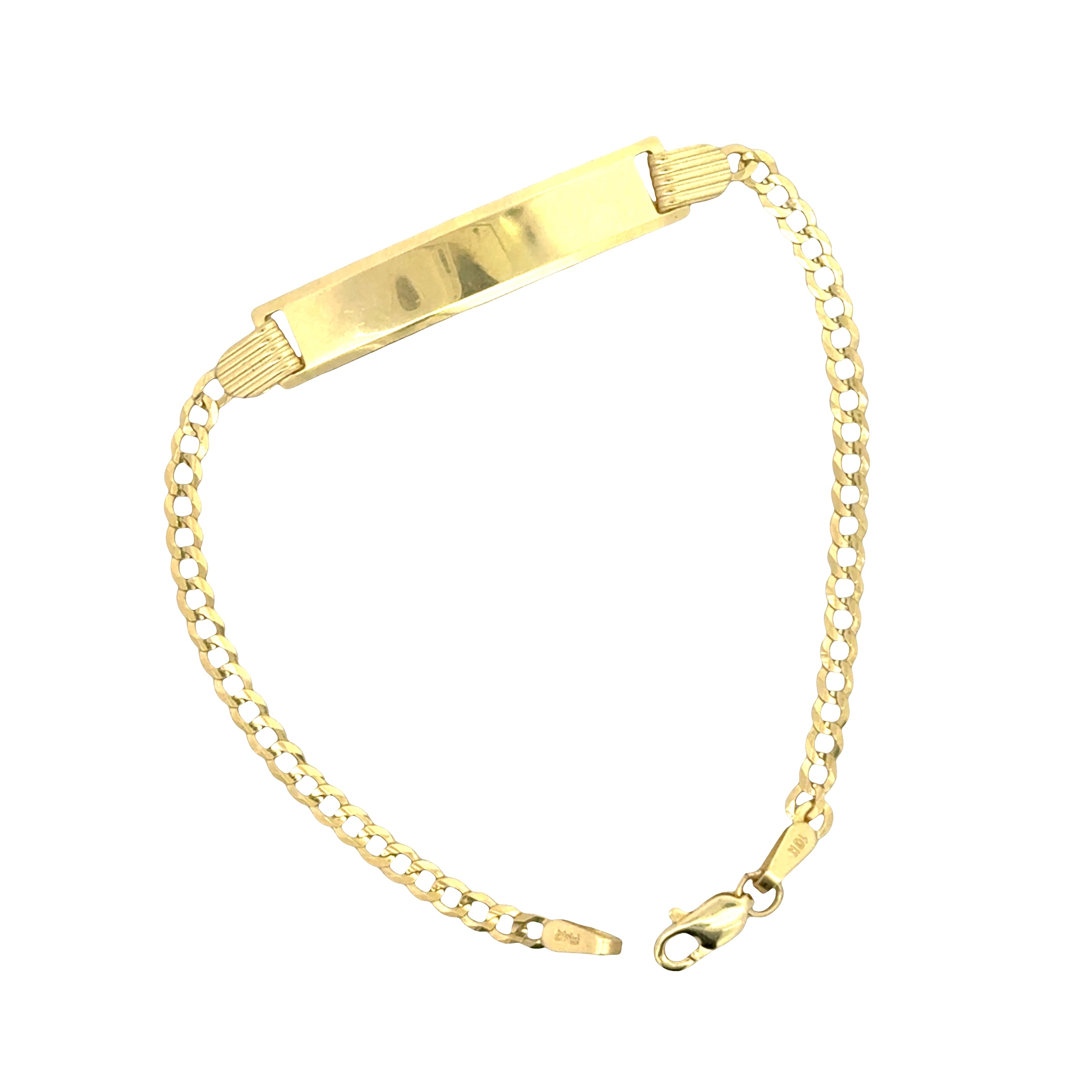 Solid 10K gold curb link baby ID bracelet with engraved plate, designed for infants and young children.