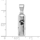 Sterling silver cylinder with paw print ash holder urn pendant designed to hold a small portion of ashes. A timeless memorial necklace for remembrance and comfort.