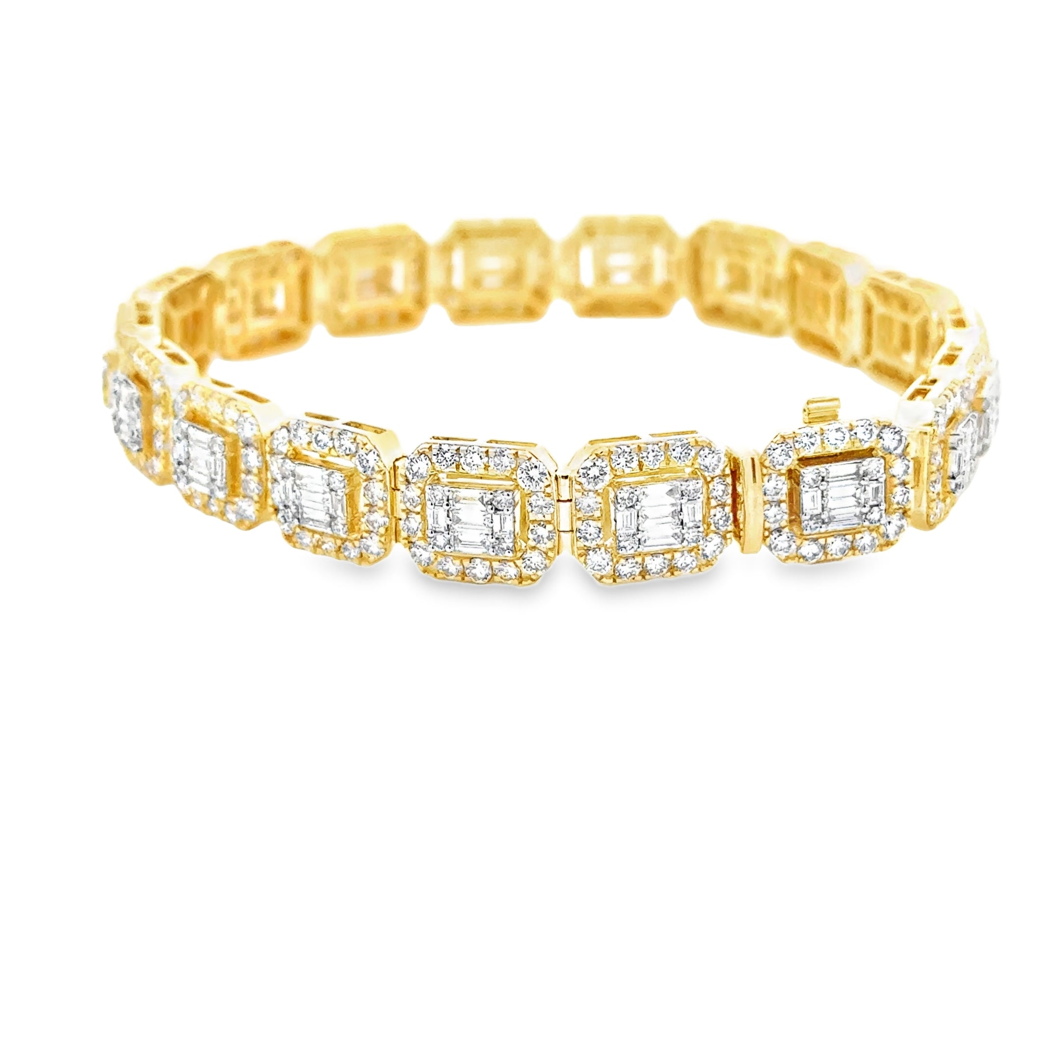 Yellow Gold and diamond square link bracelet with baguette and round diamonds