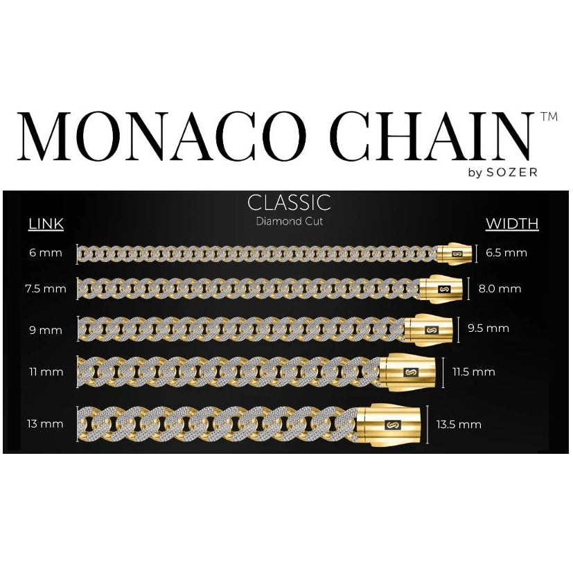 Two-tone Diamond Cut Monaco Chain available in different sizes.