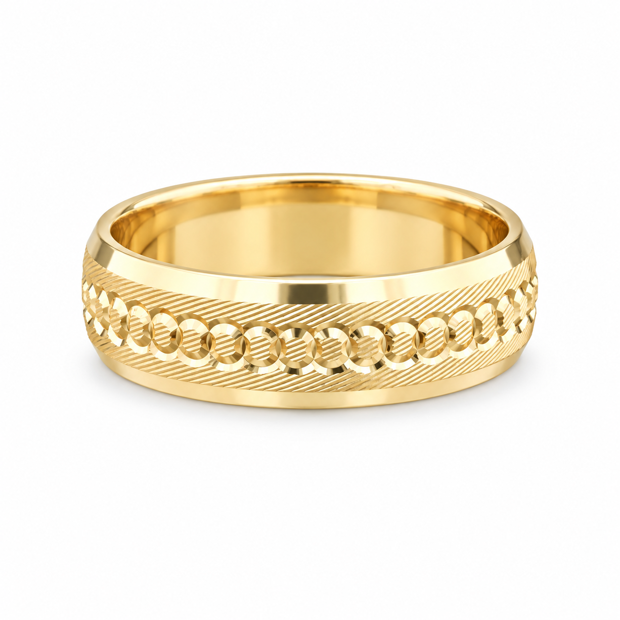 Yellow gold men’s wedding band with circular diamond-cut details and diagonal engraved texture available at Solomon jeweler Kansas.