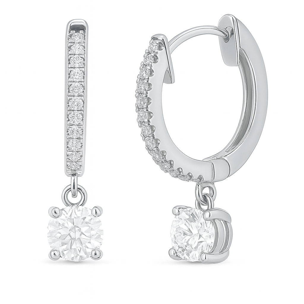 Women’s 14K White Gold Round Diamond Drop Hoop Earrings