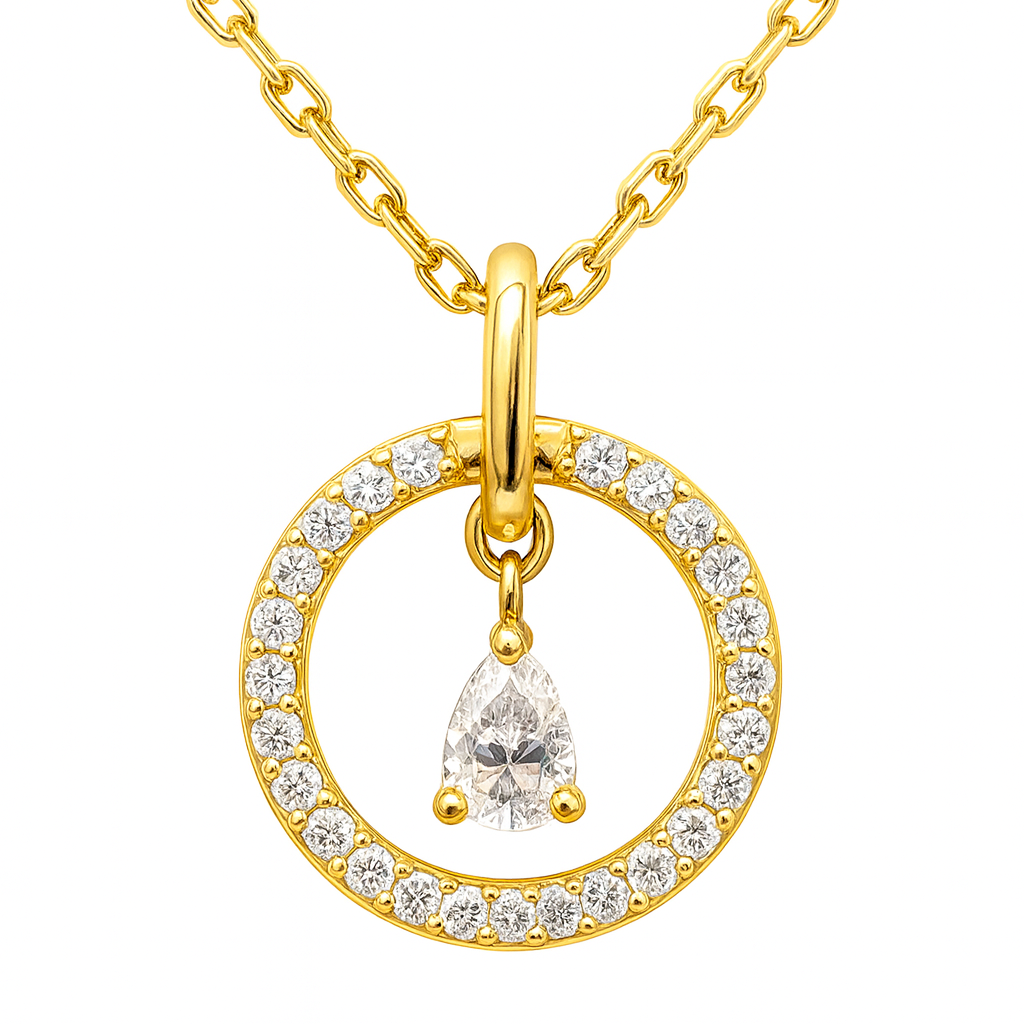 Diamond Dangling necklace with a circular pendant featuring a teardrop-shaped diamond 