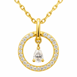 Diamond Dangling necklace with a circular pendant featuring a teardrop-shaped diamond 