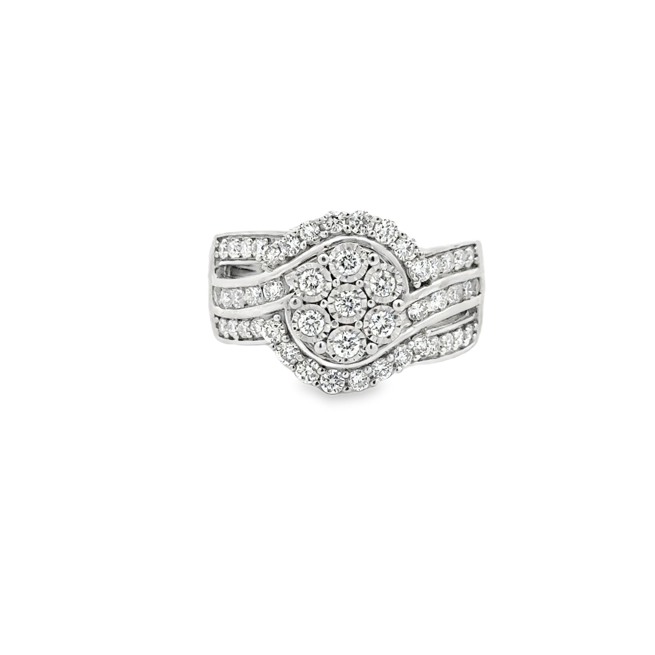 Sterling silver lab diamond halo ring with split shank design by Solomon Jeweler