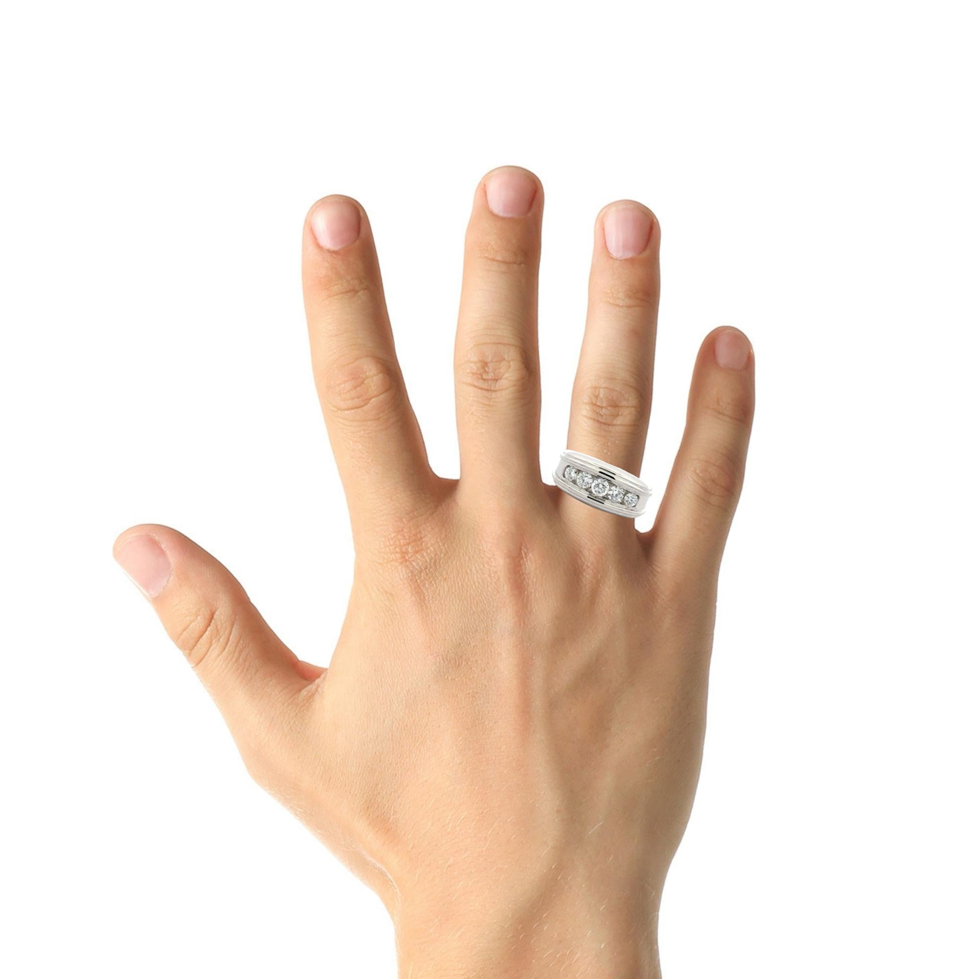 Sterling silver five-stone lab diamond wedding band with 1.5 carats total weight, designed for men, by Solomon Jewelers.