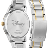 Citizen Disney stainless steel watch with a two-tone silver and gold link bracelet, shown from the back to display the engraved Disney logo and brand text.
