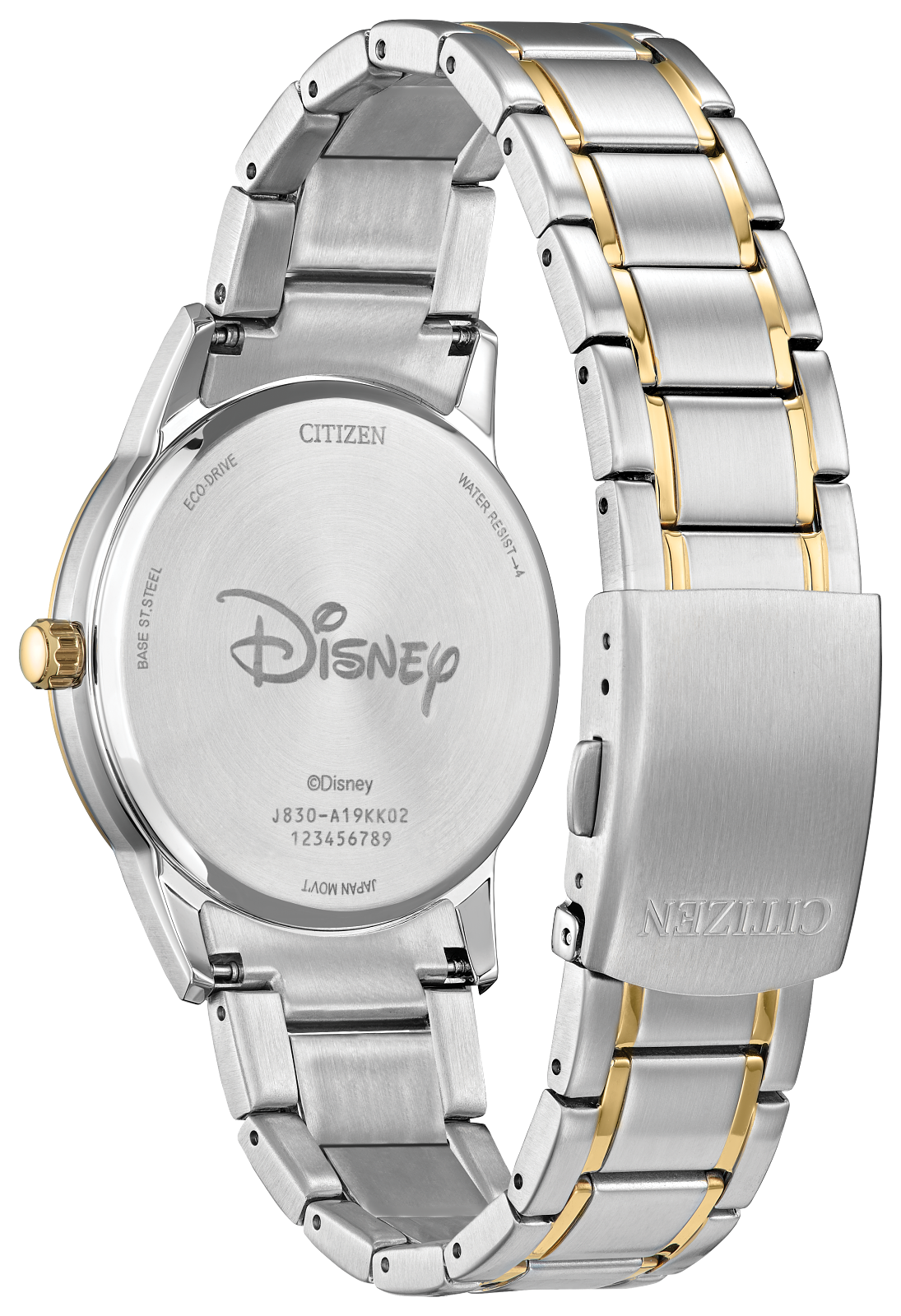 Citizen Disney stainless steel watch with a two-tone silver and gold link bracelet, shown from the back to display the engraved Disney logo and brand text.