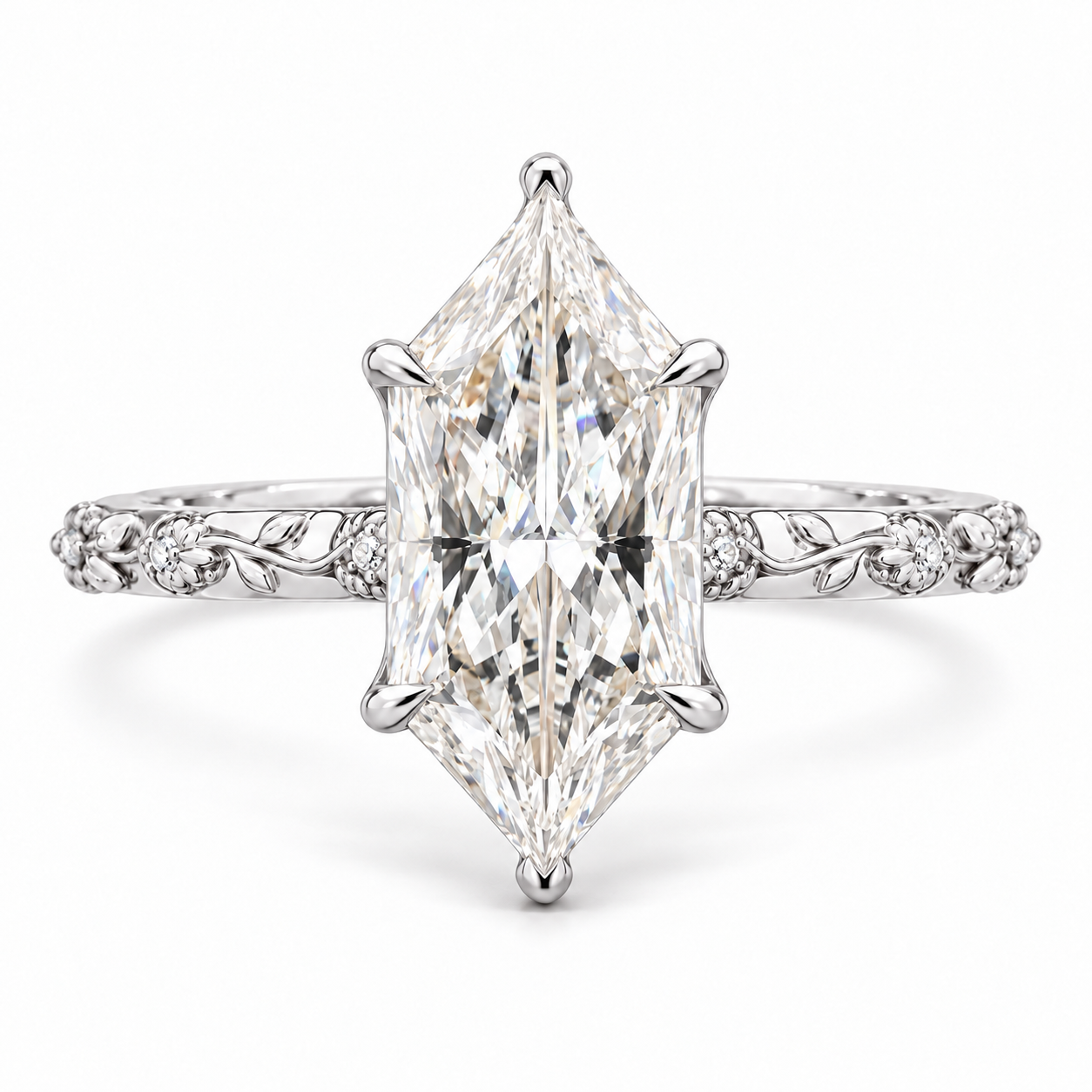 An engagement ring featuring a large rectangular baguette-cut center diamond in a four-prong setting on a silver-toned band adorned with small pavé diamonds and delicate floral motifs.