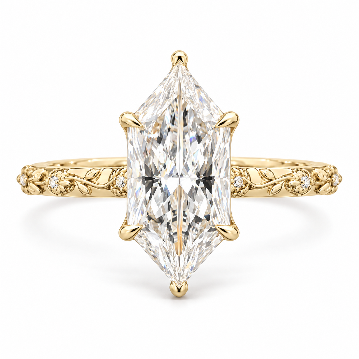 14K yellow gold ring featuring a Dutch marquise-cut lab-grown diamond in a six-prong setting with floral engraving and diamond accents on white.