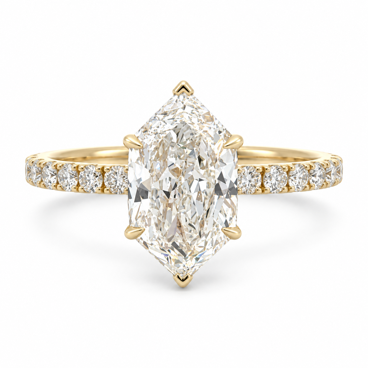 A yellow gold ring featuring a large marquise-cut diamond center stone and smaller diamonds set along the band, shown on a clean white background.