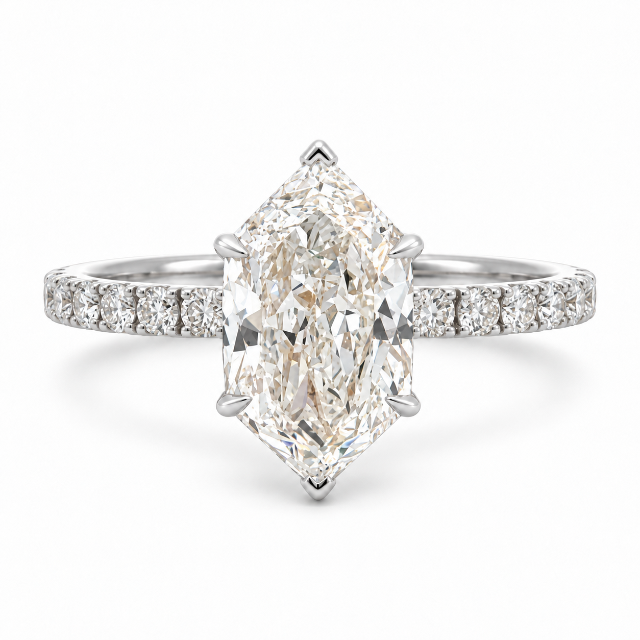 A dutch marquise cut diamond engagement ring with a brilliant solitaire center stone and a pavé-set diamond band in a silver-toned metal, shown on a clean white background.