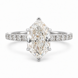 A dutch marquise cut diamond engagement ring with a brilliant solitaire center stone and a pavé-set diamond band in a silver-toned metal, shown on a clean white background.