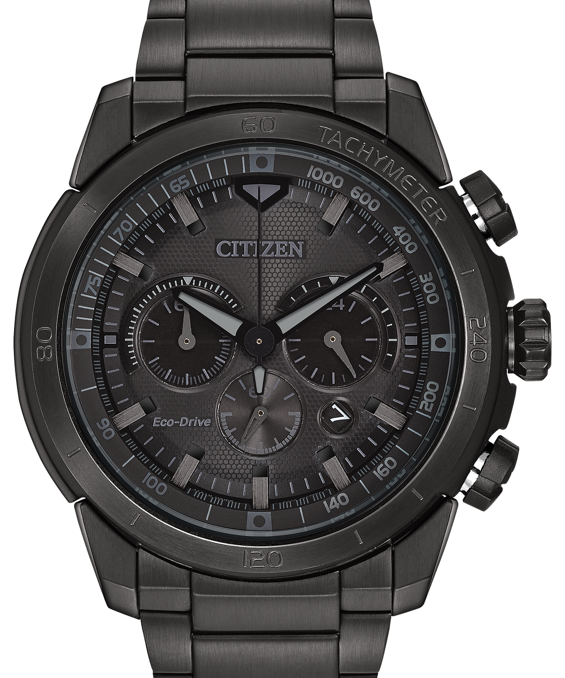 A Citizen Eco-Drive chronograph watch with a matte black stainless steel case and integrated link bracelet, featuring a textured dark gray dial with white markings and hands.