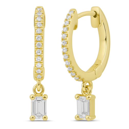 14 karat yellow gold diamond dangle emerald cut drop hoop earrings