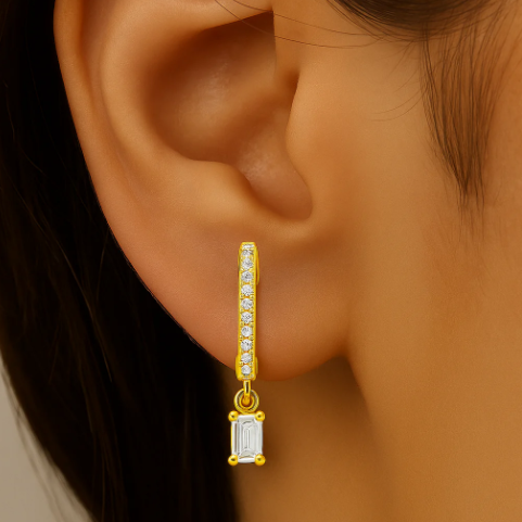 14 karat yellow gold diamond emerald cut drop hoop earrings