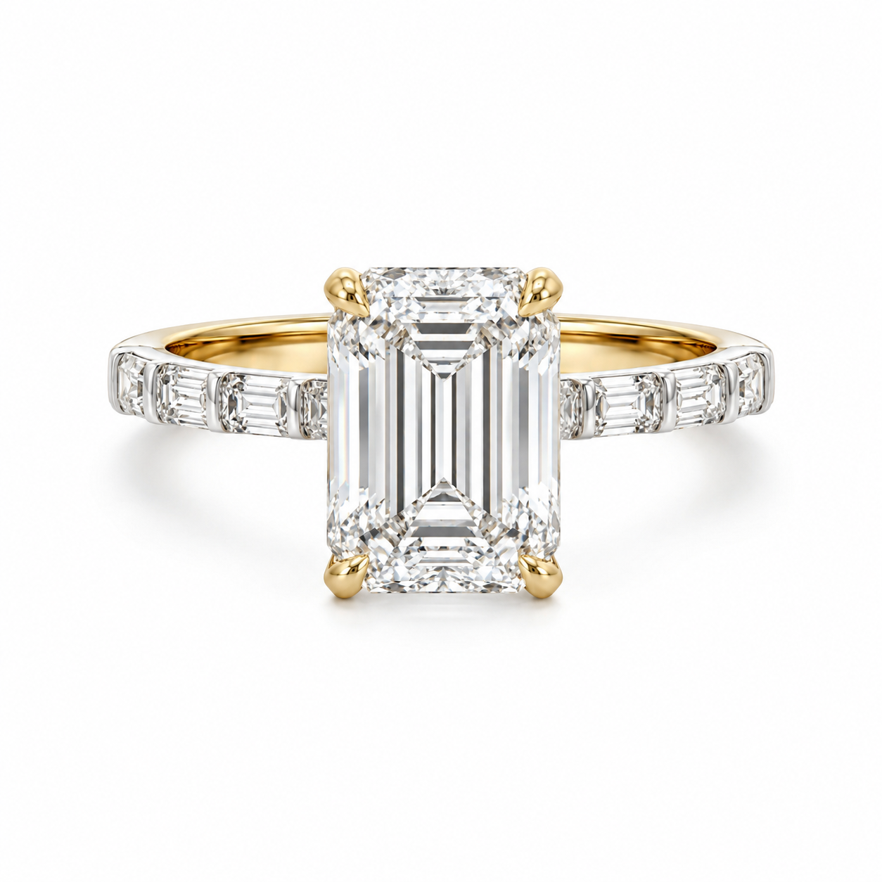 14k gold diamond engagement ring with a 4.75 ct emerald-cut lab-grown diamond, VS1 clarity, D color, from Solomon Jewelers.