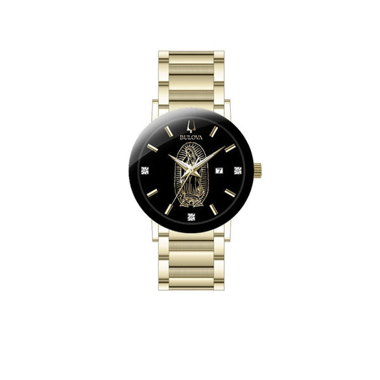 A tasteful depiction of the Lady of Guadalupe is featured on deep black dial, which is accented with 3 diamond hour markers and gold-tone markers and hands. 