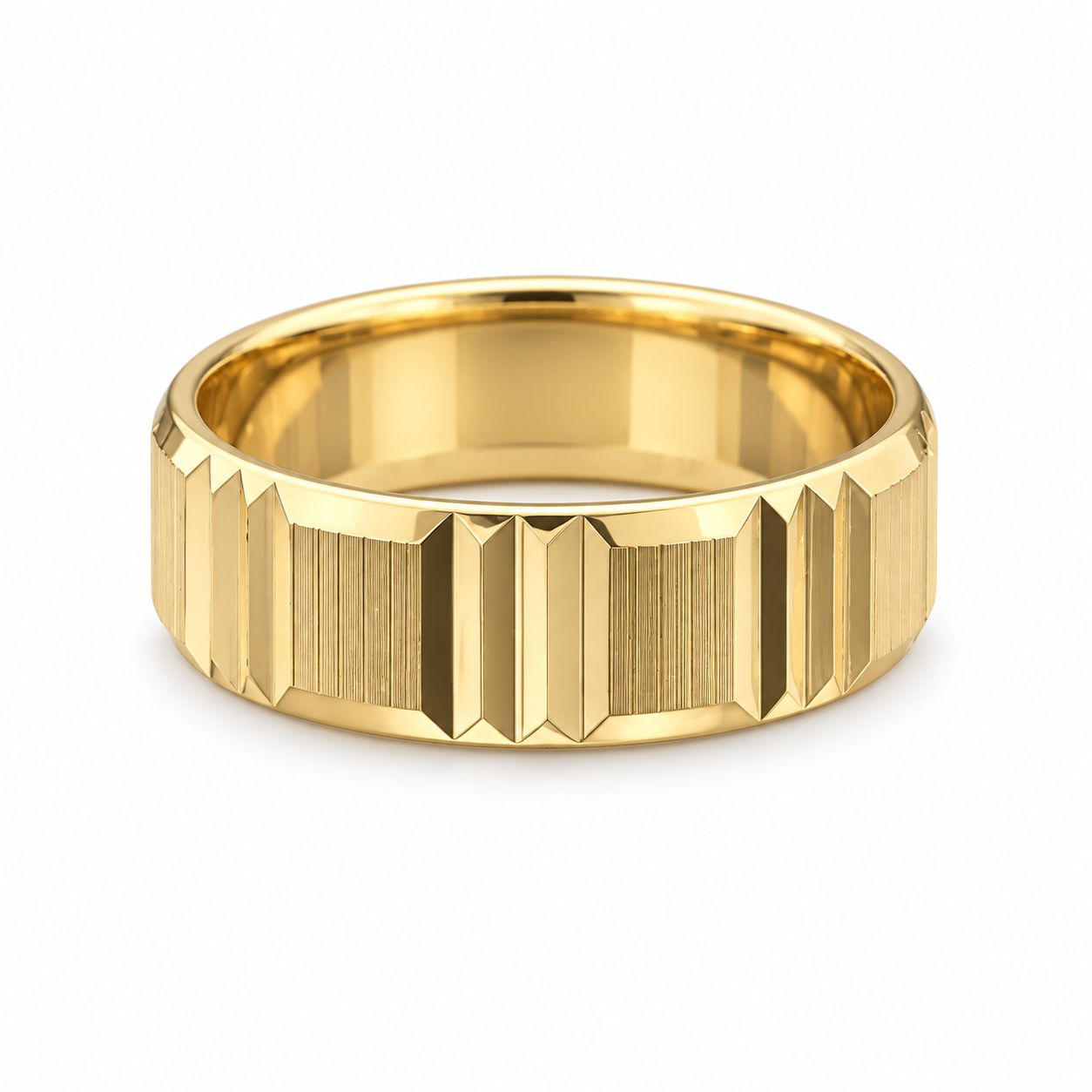 Yellow gold men’s wedding band with geometric diamond-cut panels and vertical textured details.