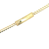 10K gold Cuban link ID bracelet with engraved plate, showcasing a shiny gold finish and sturdy chain design.