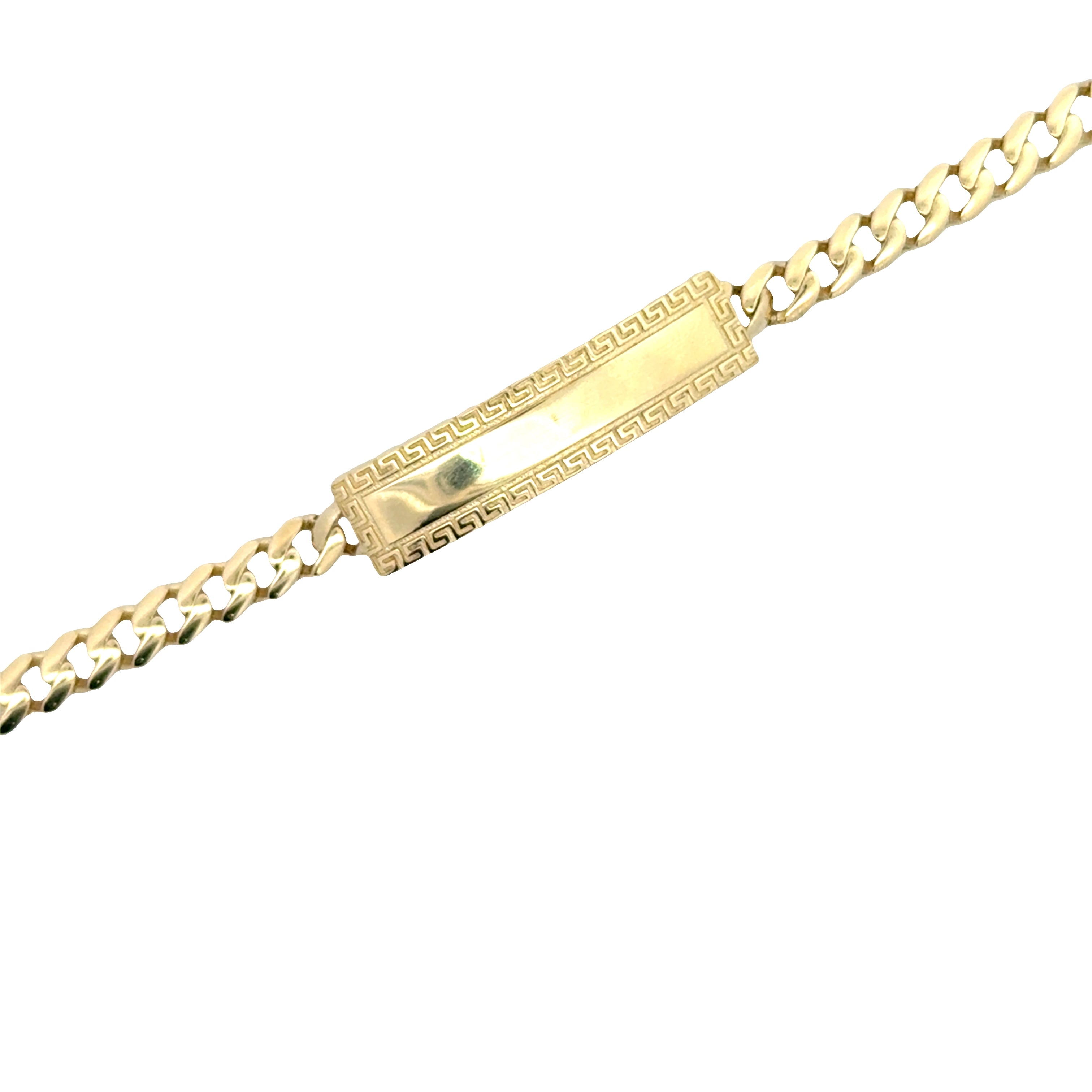 10K gold Cuban link ID bracelet with engraved plate, showcasing a shiny gold finish and sturdy chain design.
