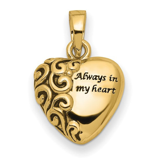 14K yellow gold heart-shaped urn pendant necklace, elegant gold pendant with a heart design, by Solomon Jewelers.