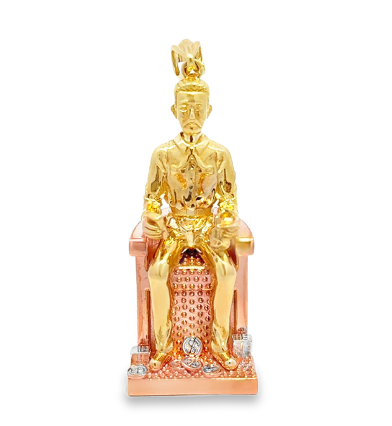 10 Karat gold Jesús Malverde pendant hanging from a chain, crafted by Solomon Jewelers, featuring detailed religious imagery.