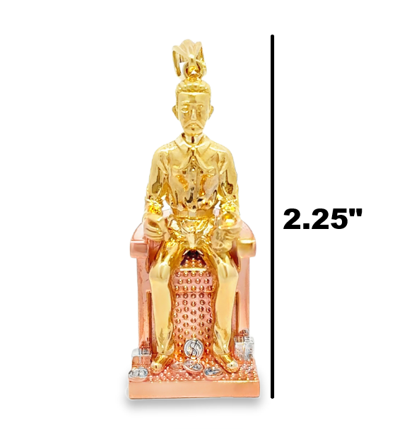 10 Karat gold Jesús Malverde pendant from Solomon Jewelers featuring a detailed Malverde figure on a gold chain.