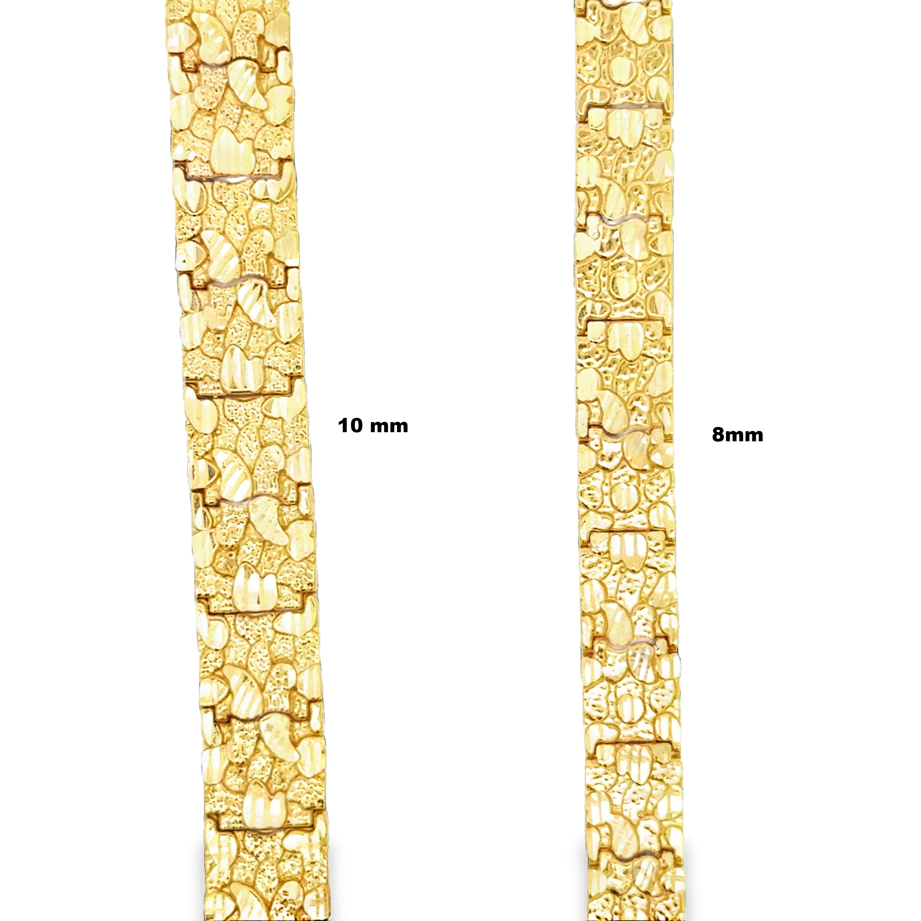 10mm men's nugget bracelet in 10K yellow gold, featuring textured gold nugget links, stylish men's jewelry by Solomon Jewelers