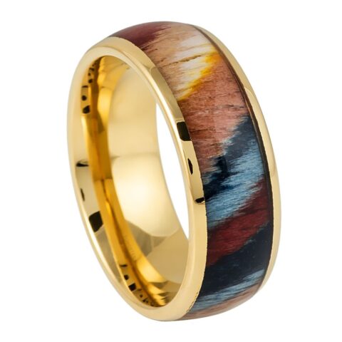 Gold ring with a multicolored wooden inlay on a white background
