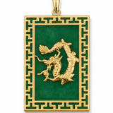 A rectangular gold pendant featuring a green enamel background with a raised gold dragon motif in the center and a geometric border.