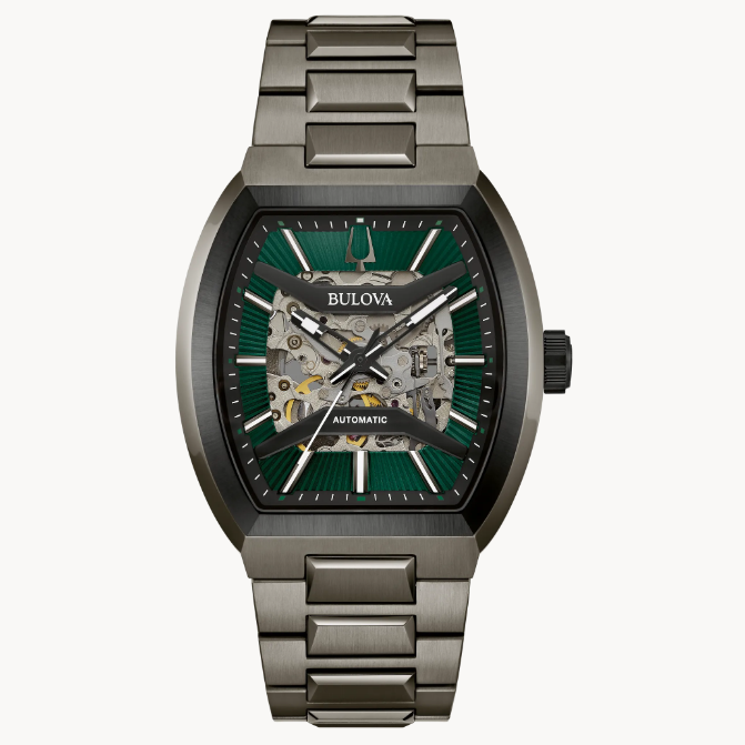 This Bulova green dial men’s watch from the Maquina collection offers daringly avant-garde design