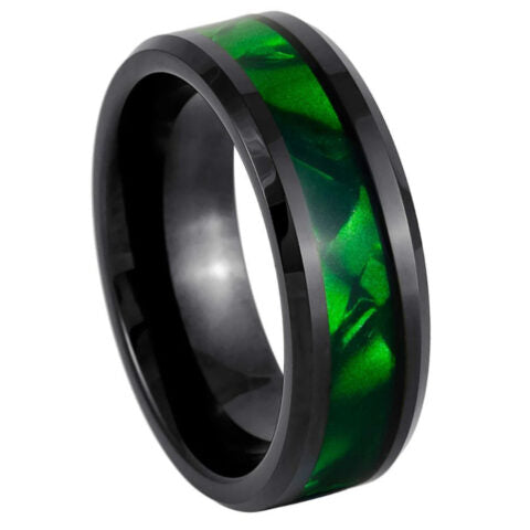 A black metallic ring band featuring a vibrant green inlay with a subtle wavy pattern, shown on a plain white background.