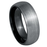 Gunmetal-gray tungsten wedding band with a brushed satin exterior, rounded profile, and polished black comfort-fit interior