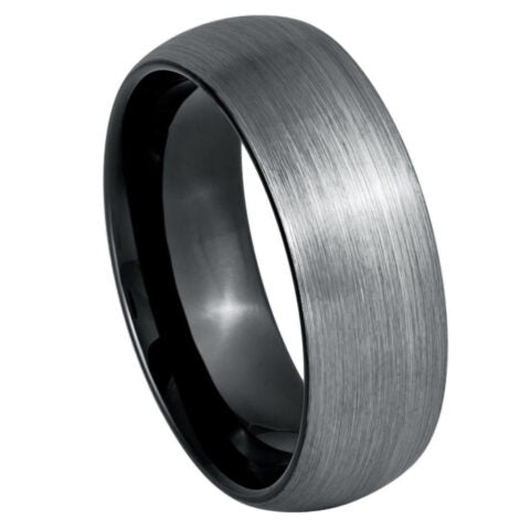 Gunmetal-gray tungsten wedding band with a brushed satin exterior, rounded profile, and polished black comfort-fit interior