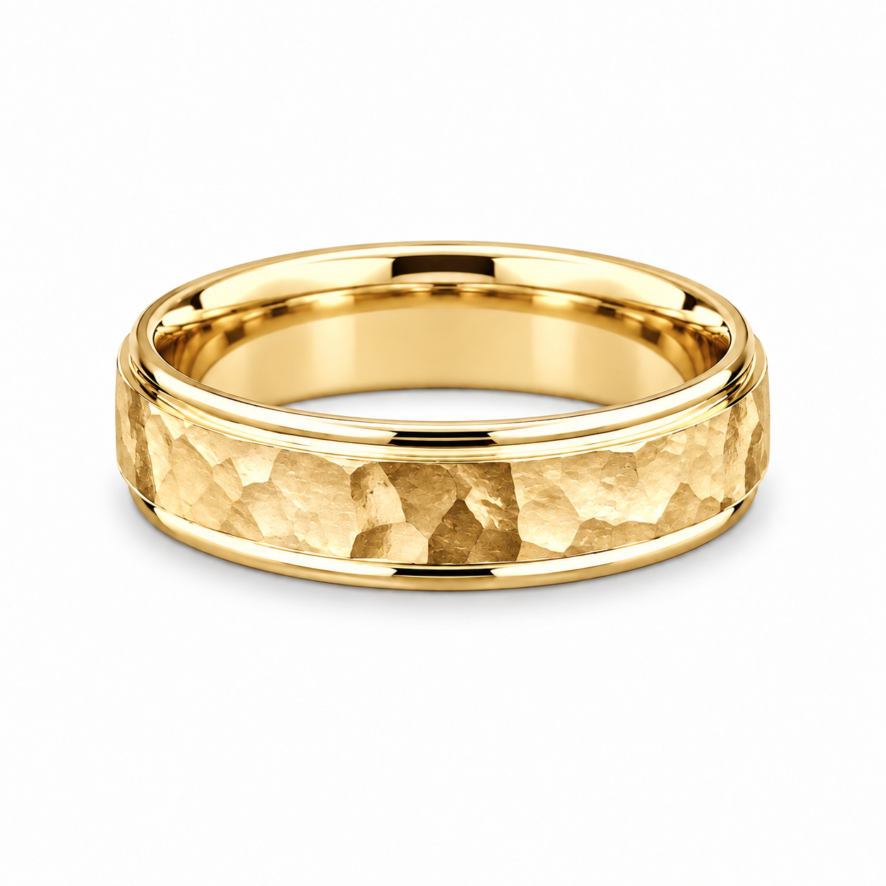 Shop this hammered gold wedding band with polished raised edges, available in white or yellow gold with complimentary inside engraving.