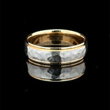 Two-tone men’s wedding band with a hammered white-gold center and polished yellow-gold edges availabe at Solomon jeweler Kansas.