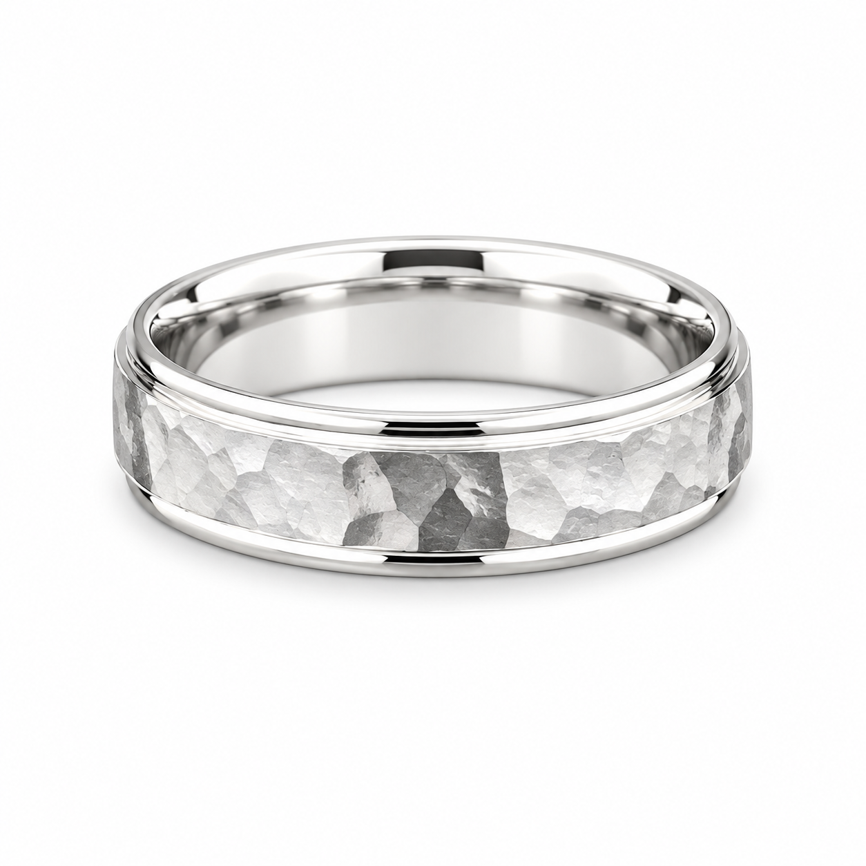 Hammered white gold men’s wedding band with polished raised edges.